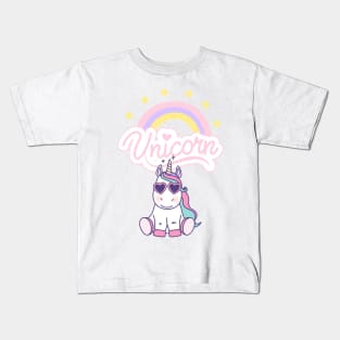 Cute Unicorn with Glasses, Rainbow, And Stars Kids T-Shirt